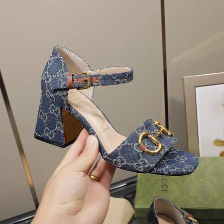 Designer Brand G Womens High Quality Denim Fabric Genuine Leather inside 7cm Chunky Heeled Sandals 2021SS H307