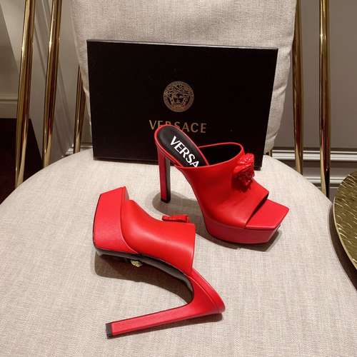 Designer Brand V Womens Original Quality Genuine Leather 4cm Front Heigh 14cm High Heeled Slippers 2022SS G107