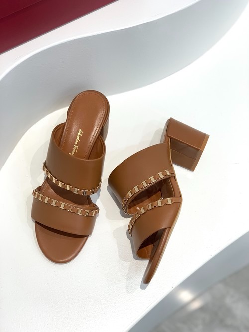 Design Brand Frgm Womens High Quality Genuine Leather 5.5cm Chunky Heeled Slippers 2023SS TXBW02
