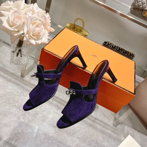 Design Brand H Womens High Quality Genuine Leather 6.5cm Heeled Slippers 2023SS TXBW02