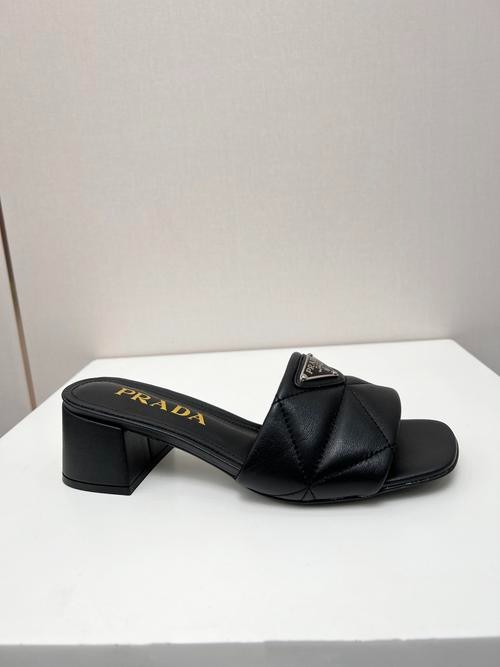 Design Brand P Womens Original Quality Genuine Leather 4.5cm Heeled Slippers 2023SS G106