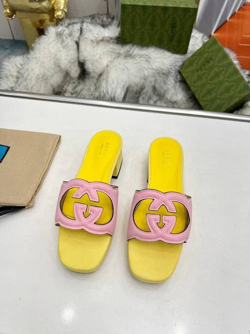 Design Brand G Womens Original Quality Genuine Leather 5.5cm Heeled Slippers 2024SS G104